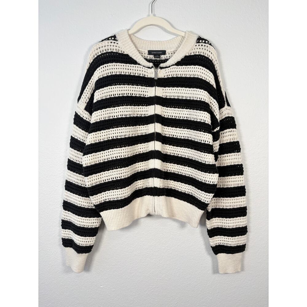 Evereve Sanctuary Neutral Stripe Open Knit Full Zip Bomber Sweater Jacket